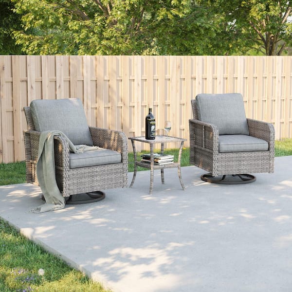 Sonkuki 3-Piece Gray Wicker Patio Swivel Rocking Chairs with Side Table Linen Grey Cushion