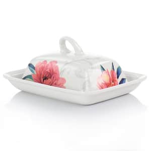 7 .5in. White Ceramic Floral Design Butter Dish with Lid