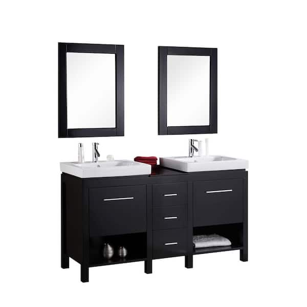 Design Element New York 60 in. W x 19 in. D Vanity in Espresso with Integrated Porcelain Vanity Top and Mirror in White