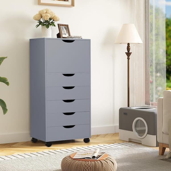 HOMESTOCK 6-Drawer with Shelf, Gray Office File Cabinets Wood 18.9 in W File Cabinets for Home Office Vertical File Cabinet