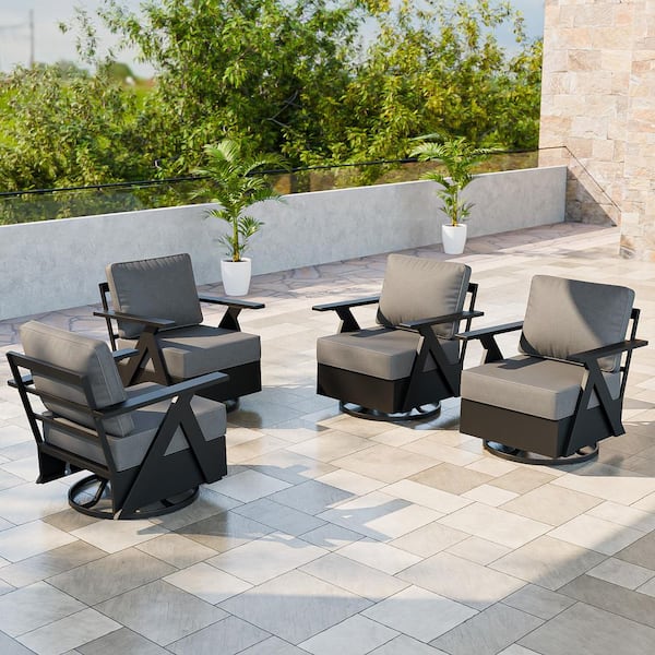 All-Weather Aluminum Outdoor Rocking Chair Patio Swivel Glider Chair with Gray Cushions (4-Pack)