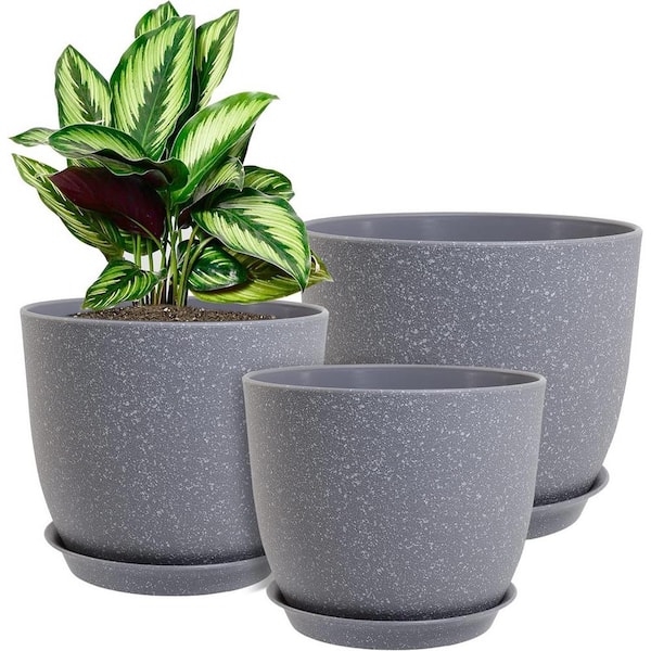ITOPFOX Modern 10 in. L x 10 in. W x 7.5 in. H Grey Speckles Plastic Round Indoor Planter (3-Pack)