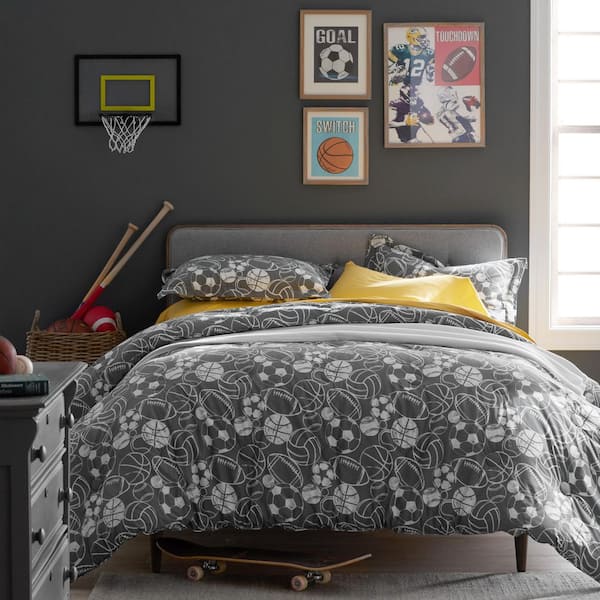 The Company Store Company Kids Sports Balls Gray Queen Organic Cotton  Percale Duvet Cover 30367N-Q-GRAY - The Home Depot
