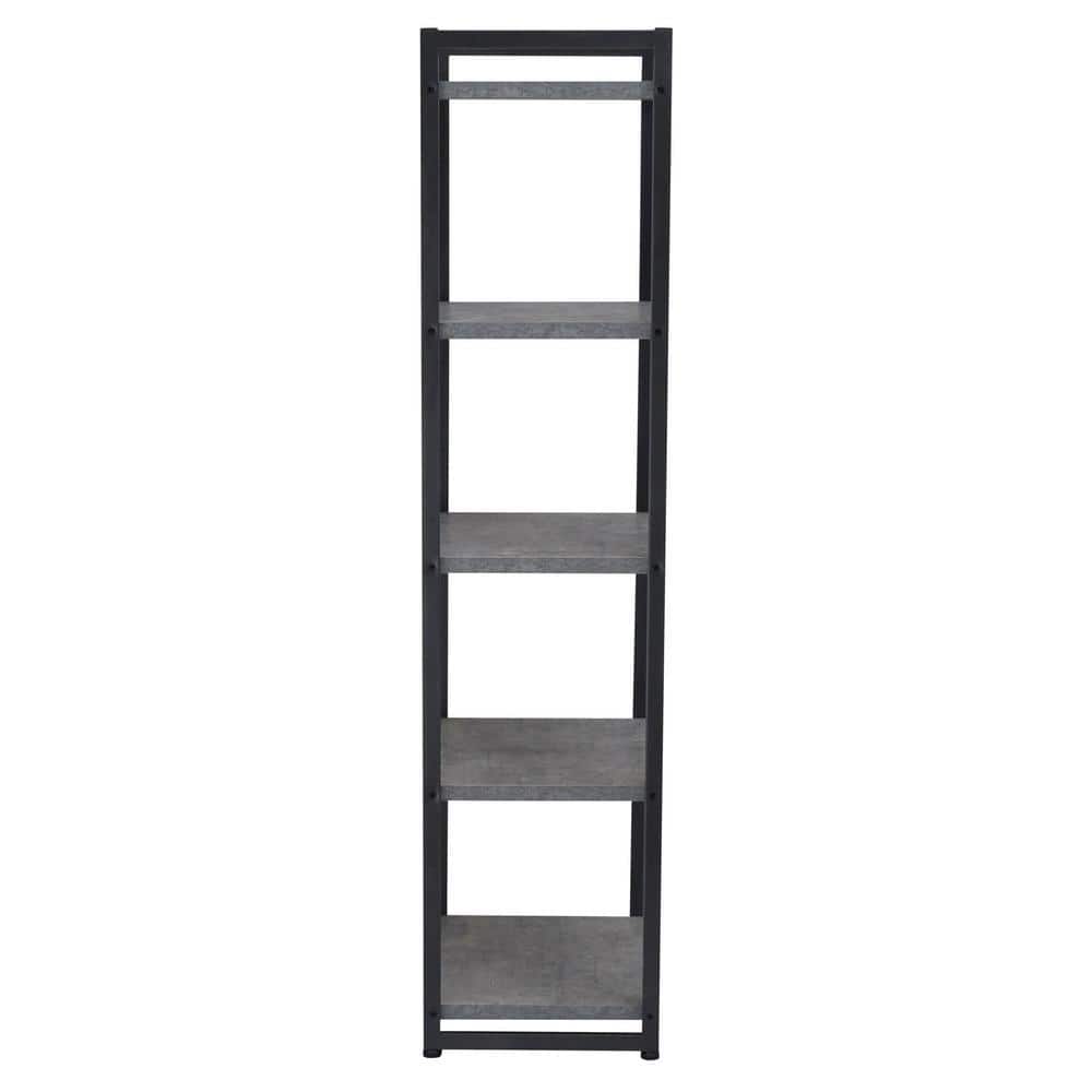 Gray Concrete and Black Metal 5-Shelf Narrow Bookshelf
