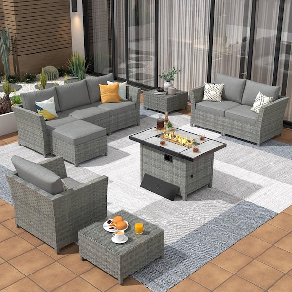 XIZZI Yosemite Gray 10-Piece Wicker Outerdoor Patio Rectangular Fire Pit Set with Dark Gray Cushions
