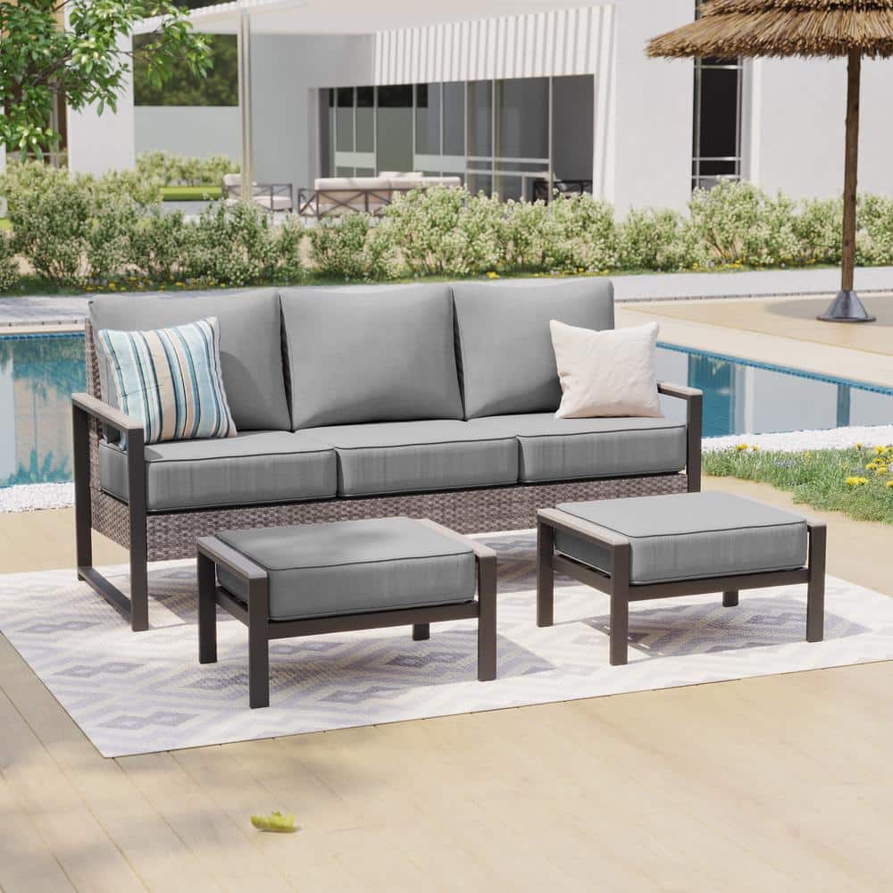 3 Pieces Patio Conversation Set Patio Sofa Set All-Weather Gray Wicker with Gray Cushion price history on PriceWatchPro