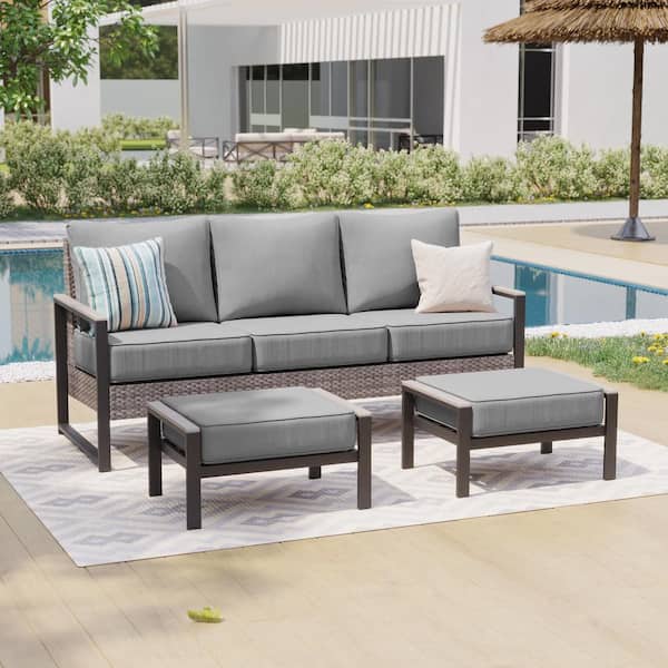 3 Pieces Patio Conversation Set Patio Sofa Set All-Weather Gray Wicker with Gray Cushion