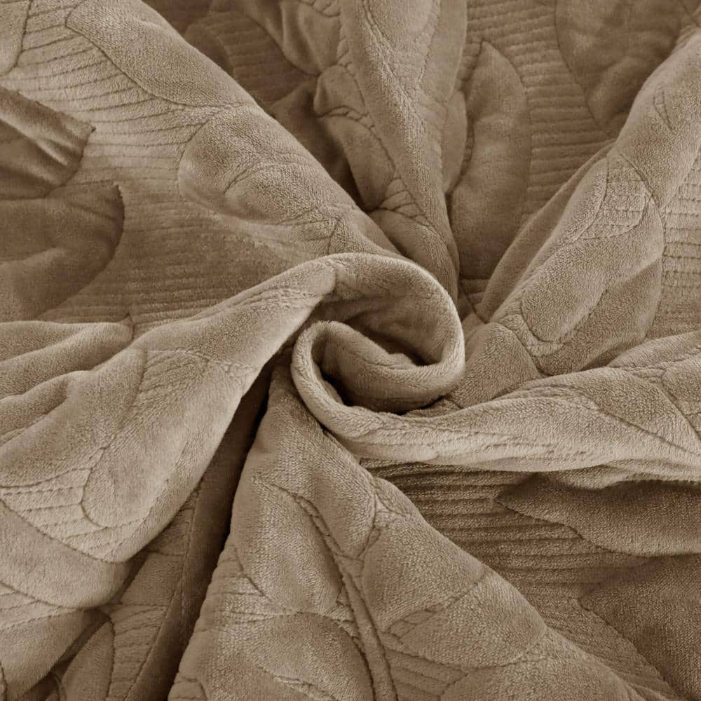 Camel King Size Velvet Quilt Set with Embroidered Leaf Design