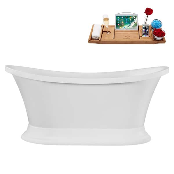 Streamline 59 in. x 32 in. Acrylic Freestanding Soaking Bathtub in Glossy White with Matte Oil Rubbed Bronze Drain, Bamboo Tray