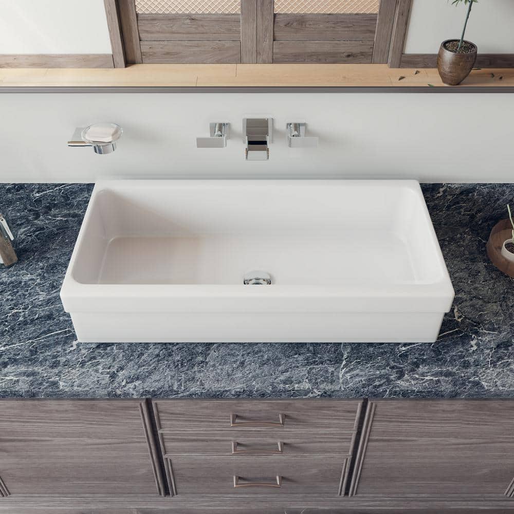 White Fireclay Rectangular Trough Bathroom Sink, 36 Inch