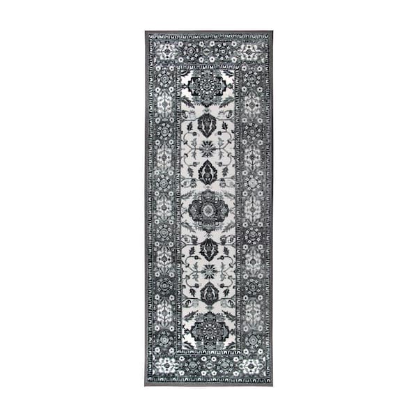My Magic Carpet Ramage Grey Medallion 2.5 ft. x 7 ft. Washable Runner Rug