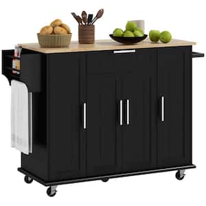 Black Wood 52 in. Kitchen Island with Cabinets