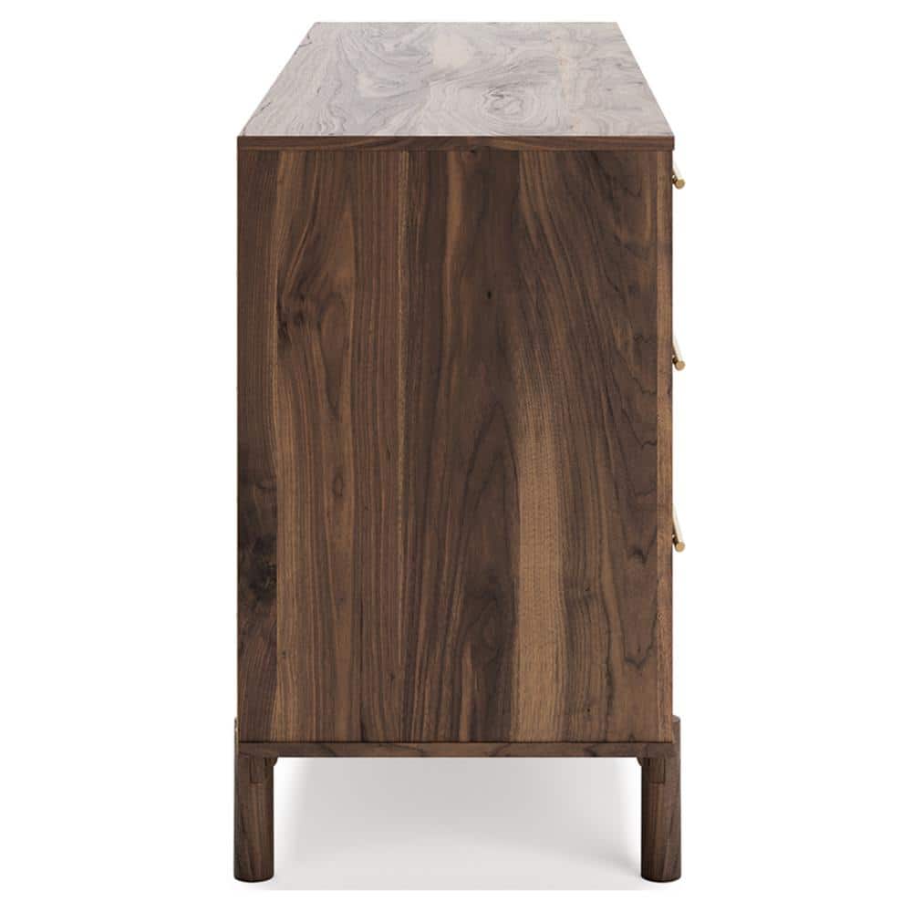 Dark Brown 6-Drawer Walnut Wood Dresser with Goldtone Handles