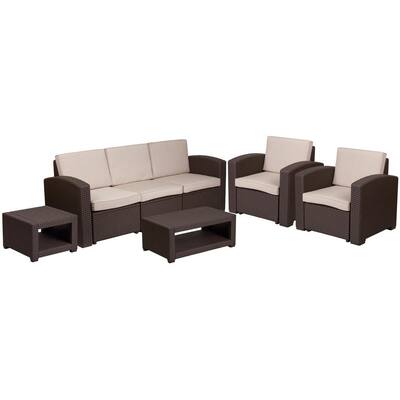 5-Piece Outdoor Faux Rattan Chair, Sofa and Table Set in Chocolate Brown