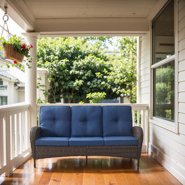 PlainCurve Metal and Brown Wicker Outdoor 3-Seat Sectional Couch Sofa with Olefin Navy Blue Cushions