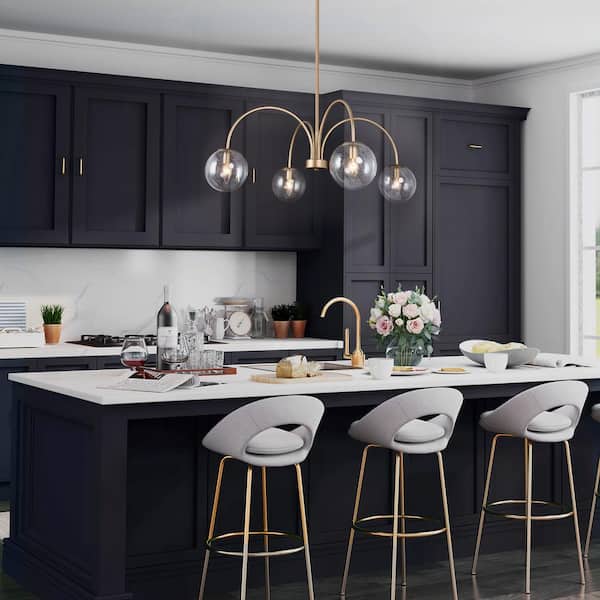 Modern Gold Dining Room Chandelier, 4-Light Sputnik Globe Island Bedroom Chandelier with Seeded Glass Shade
