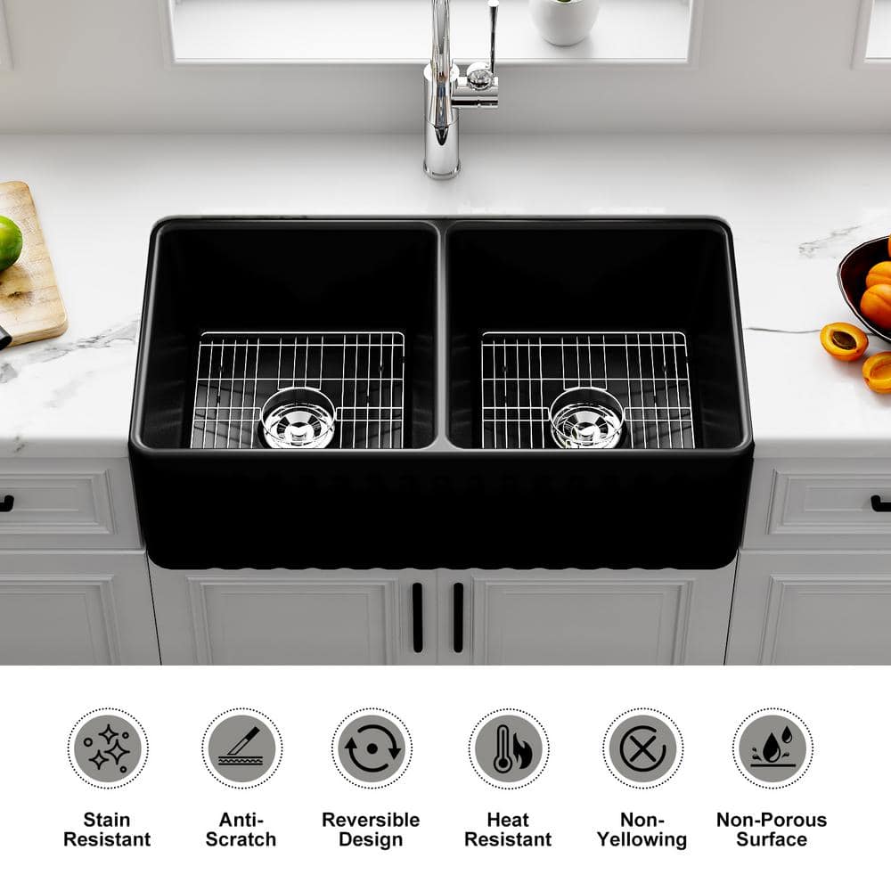 Matte Black Double Basin Fireclay Farmhouse Sink with Drainboard