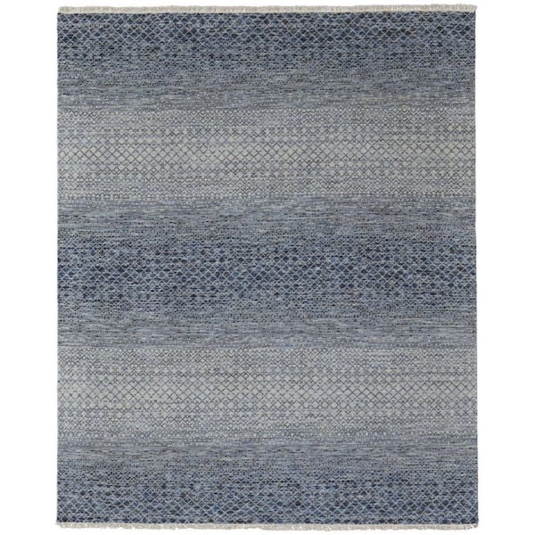 6 ft. x 9 ft. Ivory Gray and Blue Wool Hand Knotted Area Rug With Fringe