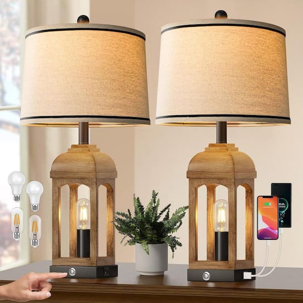 26 in. H Brown Wood Grain Rustic Bedside Lamps with Linen Shades 3-Way Dimmable Touch Task and Reading (2-Pack)