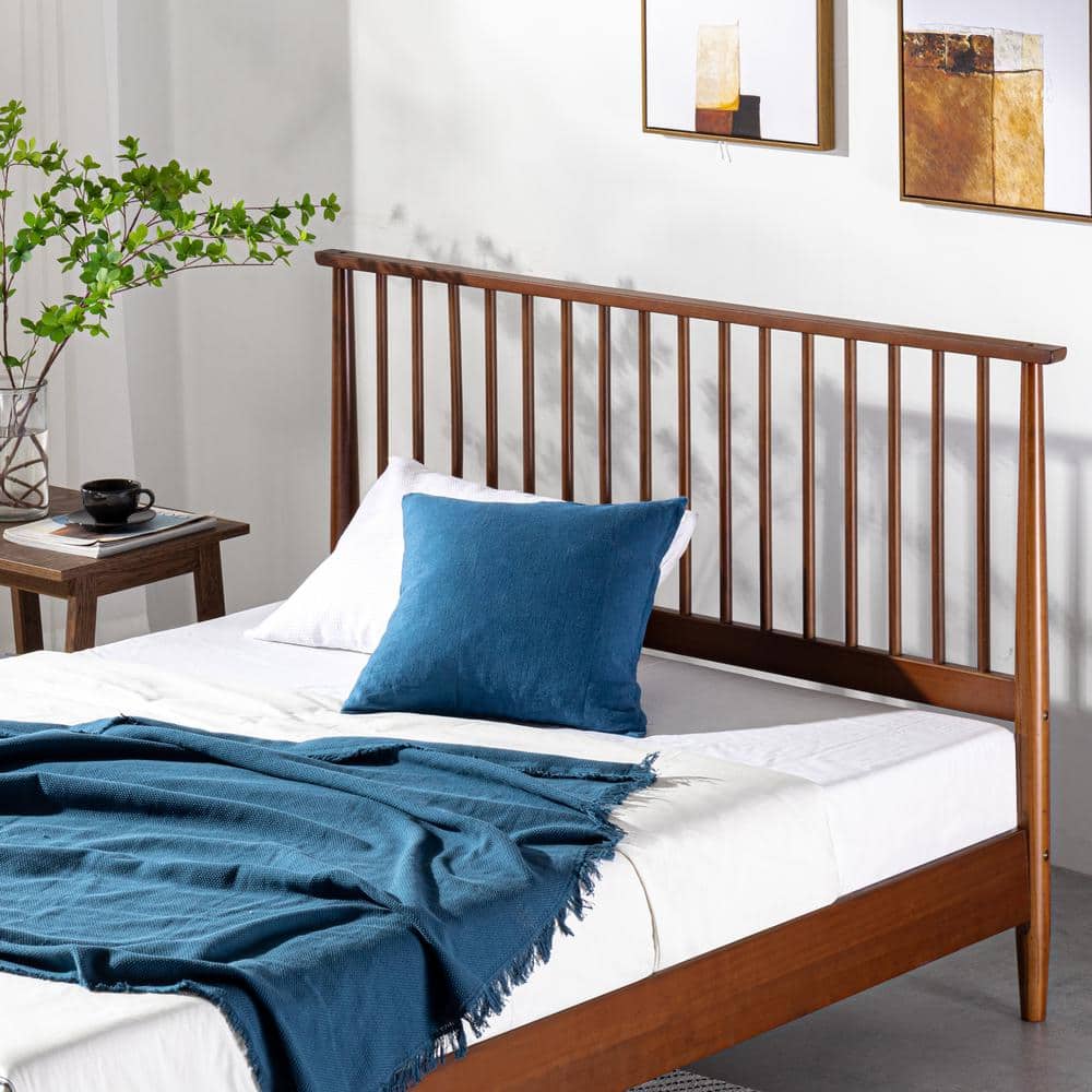 Elegant Mid-Century King Platform Bed with Wood Spindle Headboard