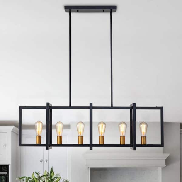 HUOKU Libertab 6-Light 43.3 in.W Matte Black Chandelier Industrial Rectangular Kitchen Island Hanging Light with Brass Accents
