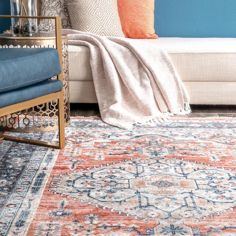 Vintage Red and Blue Medallion Synthetic Runner Rug