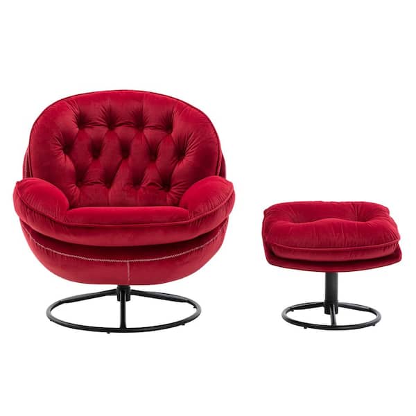 WSJCHANCE Red Velevt Chair with Ottoman