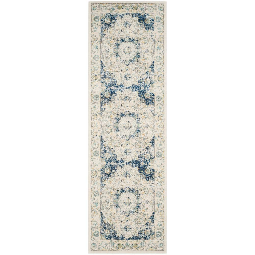 SAFAVIEH Evoke 2 ft. x 11 ft. Ivory/Blue Distressed Border Medallion ...