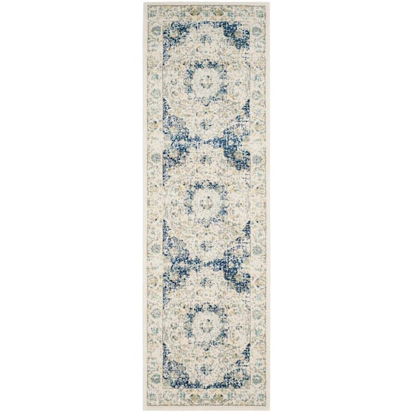 Evoke 2 ft. x 9 ft. Ivory/Blue Distressed Border Medallion Runner Rug