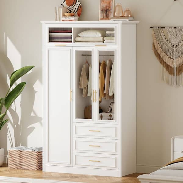 White Wood 47.24 in. W 3 Door Wardrobe Armoire Closet with LED and 3 Drawers