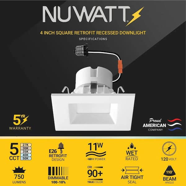4 in. 11-Watt LED White Square Retrofit Recessed Housing Light 5 CCT 2700K to 5000K IC Rated Remodel Dimmable (12-Pack)