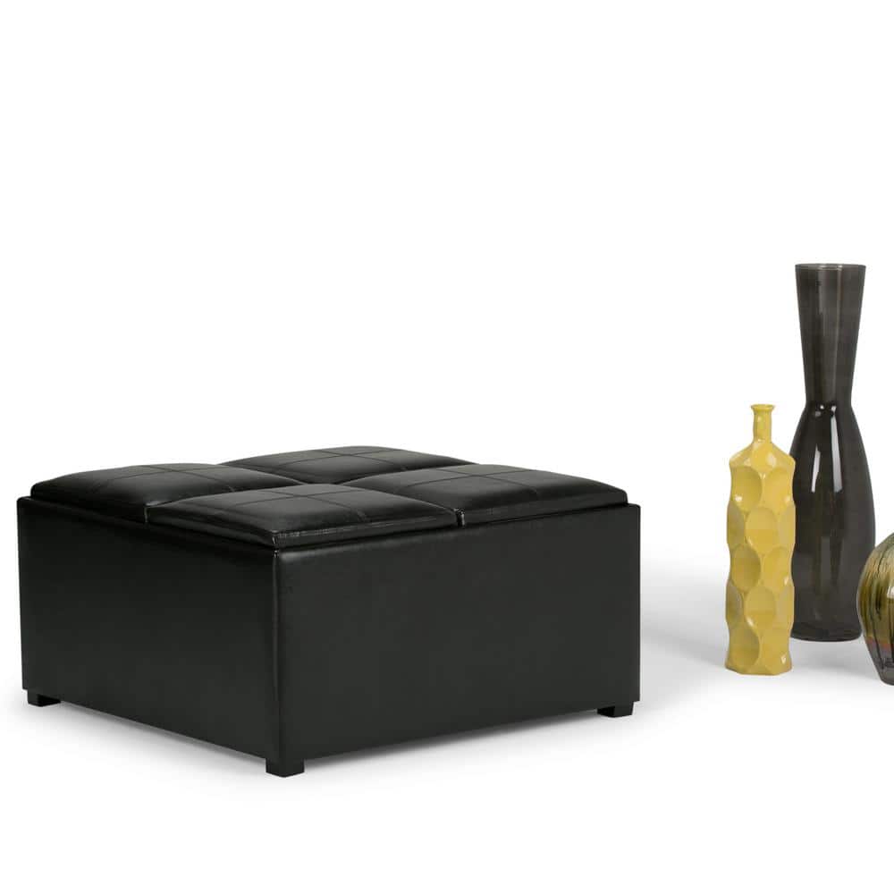 Midnight Black Faux Leather Coffee Table Ottoman with Trays