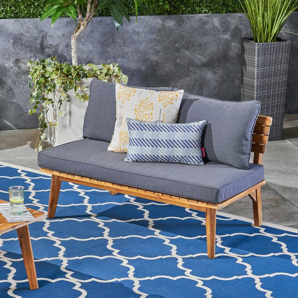 Teak and Gray Acacia Wood Outdoor Loveseat with Cushions