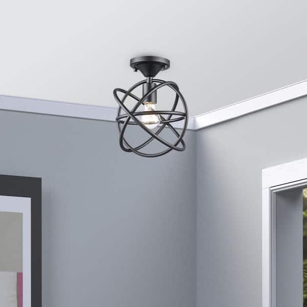 Bel Air Lighting Viewridge 10 in. 1-Light Black Semi-Flush Mount Ceiling Light Fixture with Metal Globe Shade
