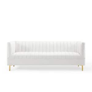 Shift 77 in. White Channel Tufted Velvet 3-Seater Tuxedo Sofa with Square Arms