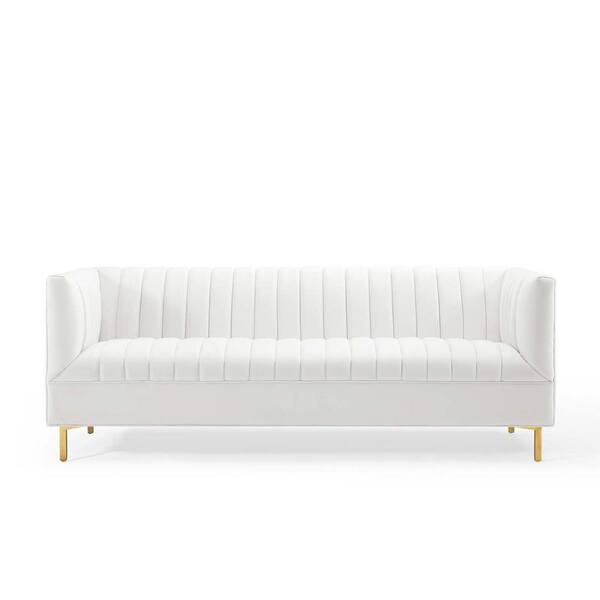 MODWAY Shift 77 in. White Channel Tufted Velvet 3-Seater Tuxedo Sofa with Square Arms