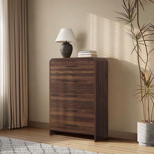 Modern Walnut Finish 5-Drawer 31.5 in. Chest of Drawers, Engineered Wood Storage Dresser with Rounded Corners