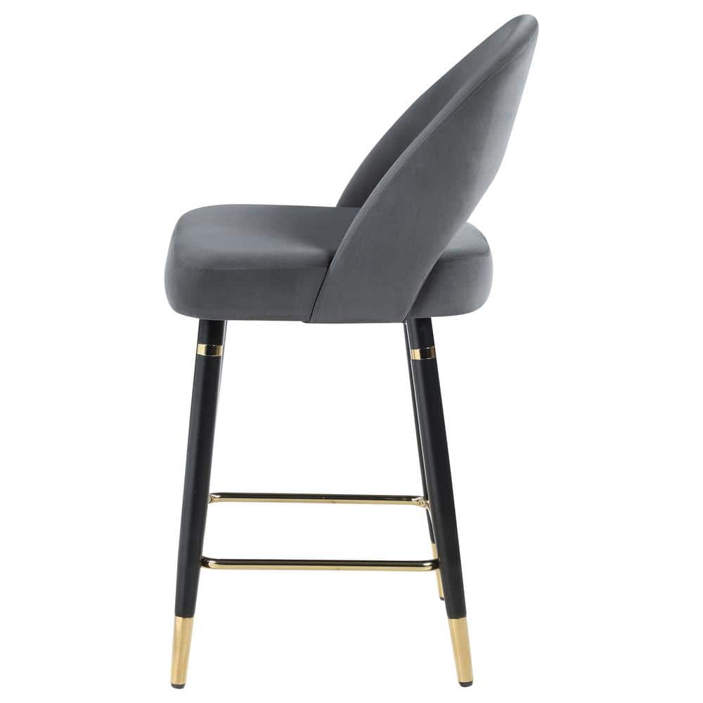 Gray Velvet Upholstered Arched Back Counter Stools with Gold Accents