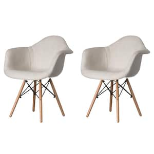 Mid-Century Modern Style White Fabric Lined Armchair with Beech Wooden Legs (Set 2)