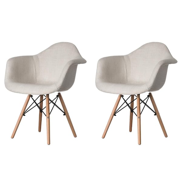 FABULAXE Mid-Century Modern Style White Fabric Lined Armchair with Beech Wooden Legs (Set 2)