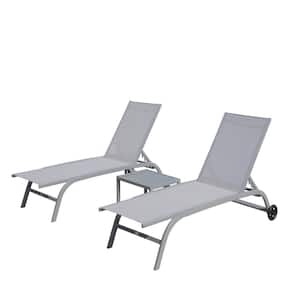 3-Pieces Grey Metal Outdoor Chaise Lounge with Wheels, Lounge Chairs with 5 Adjustable Position for Patio, Beach