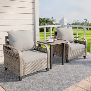 3-Piece Brown Wicker Outdoor Patio Conversation Set Lounge Chair Set with Gray Cushions and Wood Grain Top Side Table