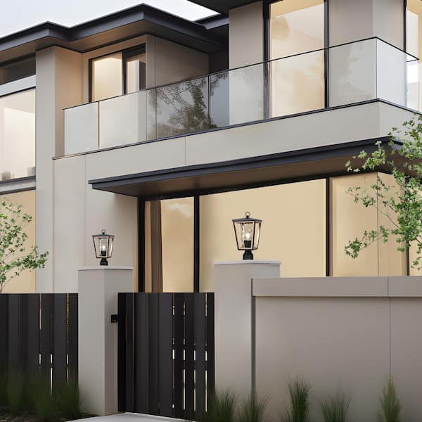 Modern 15.7 in. 1-Light Black Gold Metal Outdoor Weather Resistant Post Light Rippled Glass Porch Walkway Post Lantern