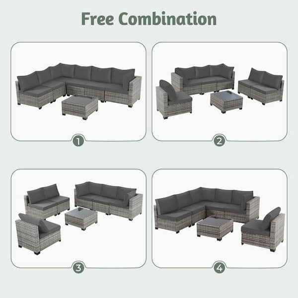 JUSKYS GUKOO Gray Wicker 7-Piece Metal Frame Sofa Seating Group