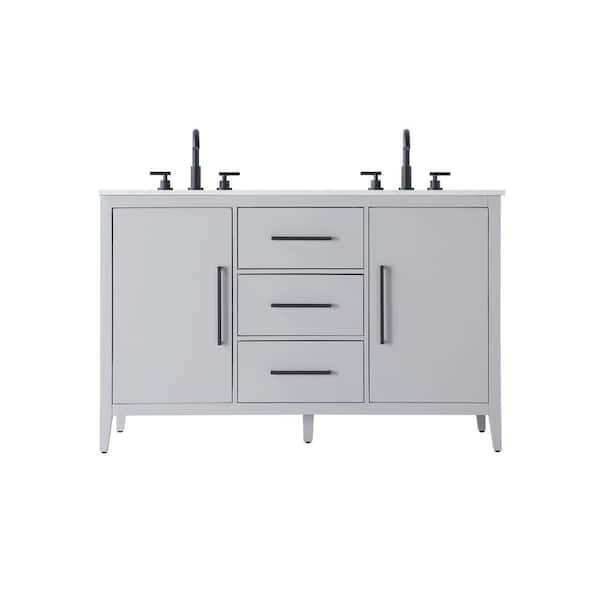 54 in. Double Sink Grey Bath Vanity with White Engineered Marble Top