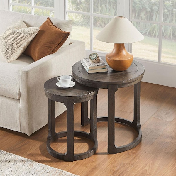 Eisley 24 in. Dark Brown Short Round Circle Wood End Table Set
