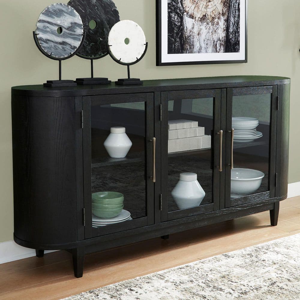 Rowanbeck Contemporary Black MDF 74.13 in. Dining Server Sideboard with Adjustable Shelves and Glass Doors