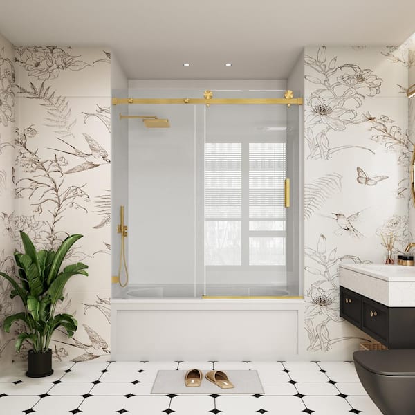 YINVANI 60 in. W x 66 in. H Single Sliding Frameless Bypass Bathroom Tub Door in Brushed Gold with Easy-Clean 3/8 in. Glass