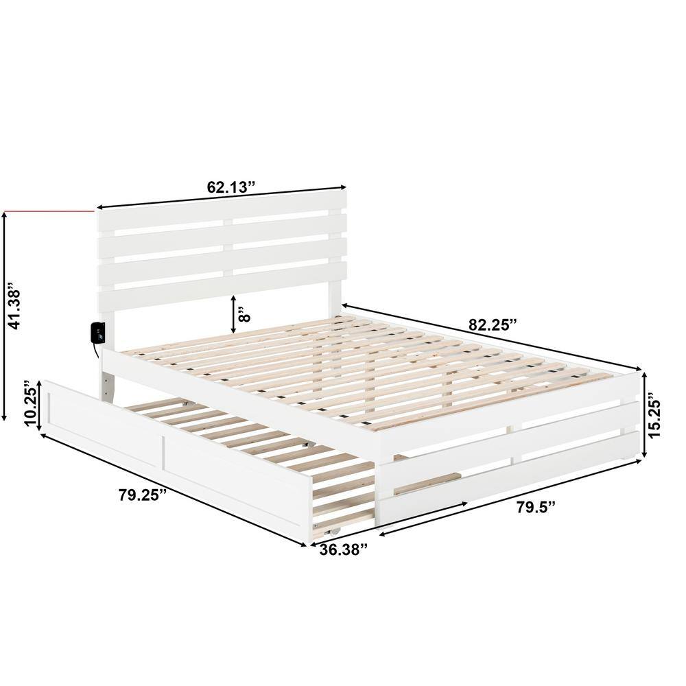 White Queen Wood Platform Bed with Headboard and USB Charger