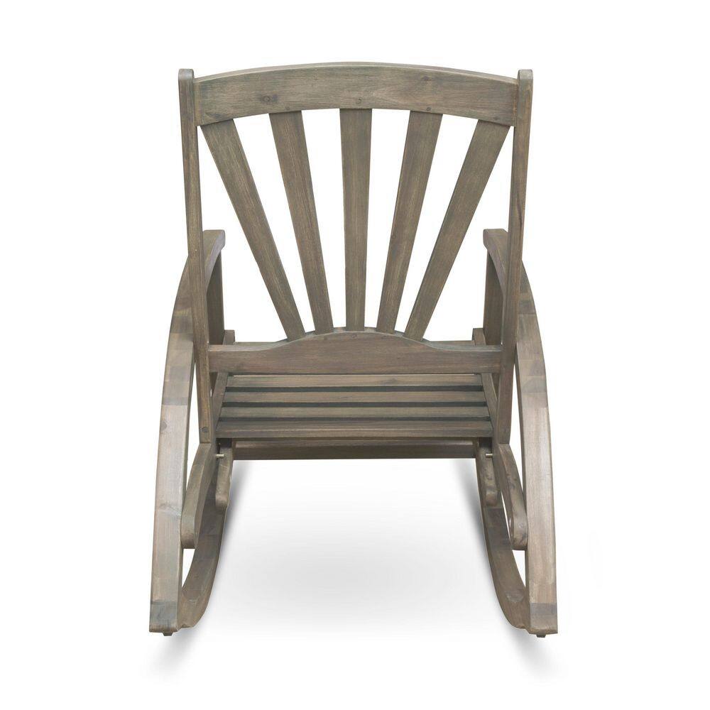 Front view of a grey acacia wood rocking chair with footrest retracted.